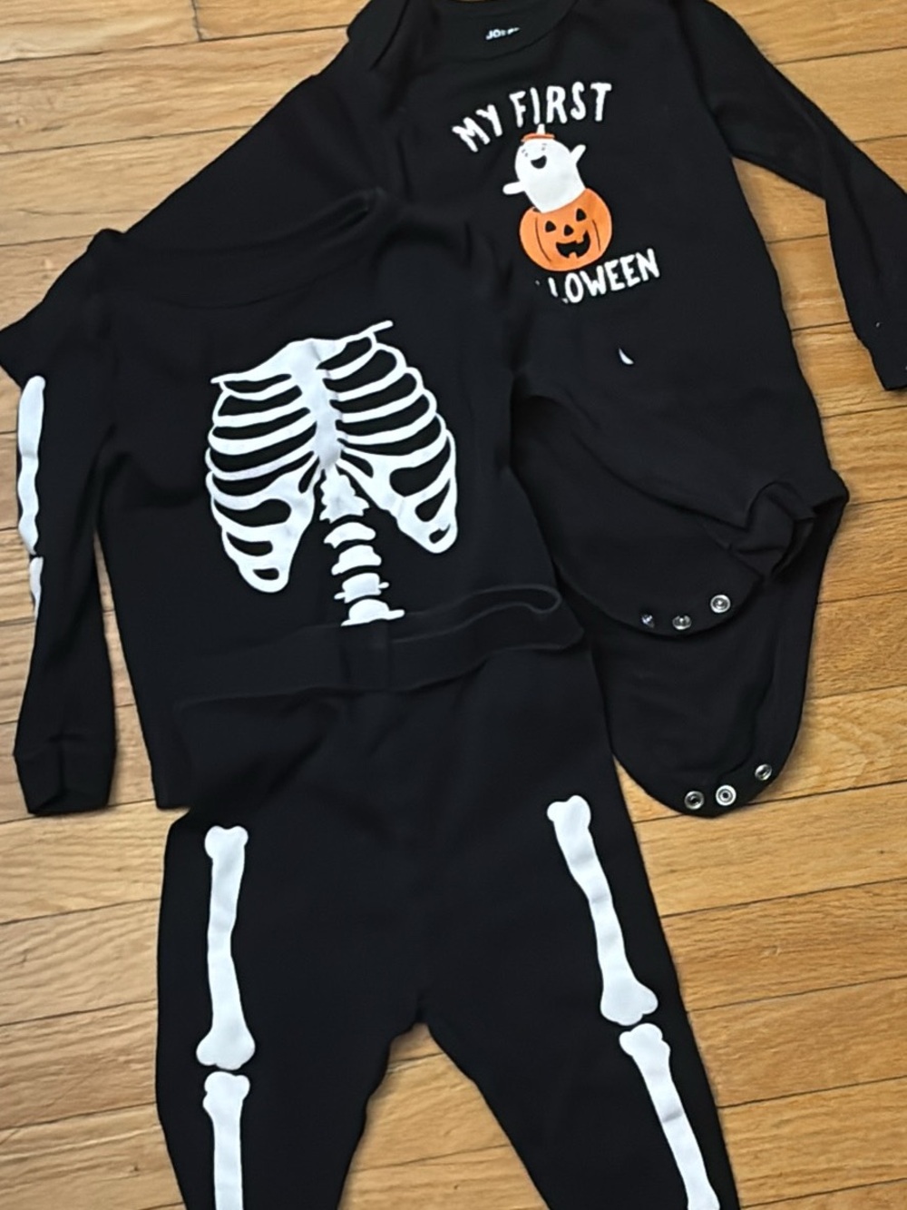 Baby’s First Halloween Skeleton two-piece and onesie 6-9m